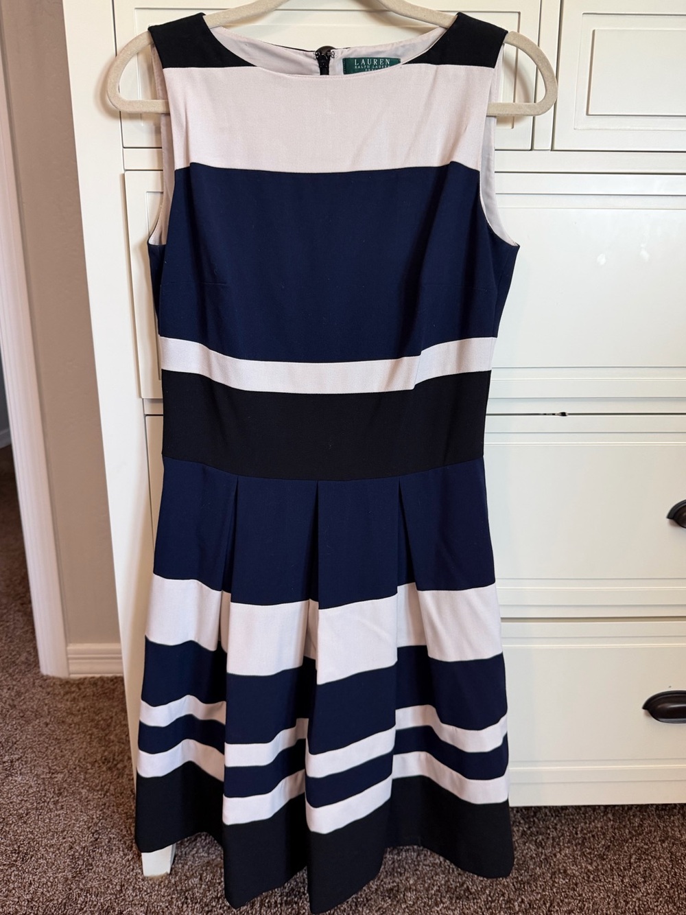 Lauren - Ralph Lauren Navy and White Striped Fit & Flare Dress Size 8